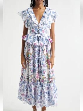 Camilla  Flora Ruffle V-Neck Midi Dress in White and Blue